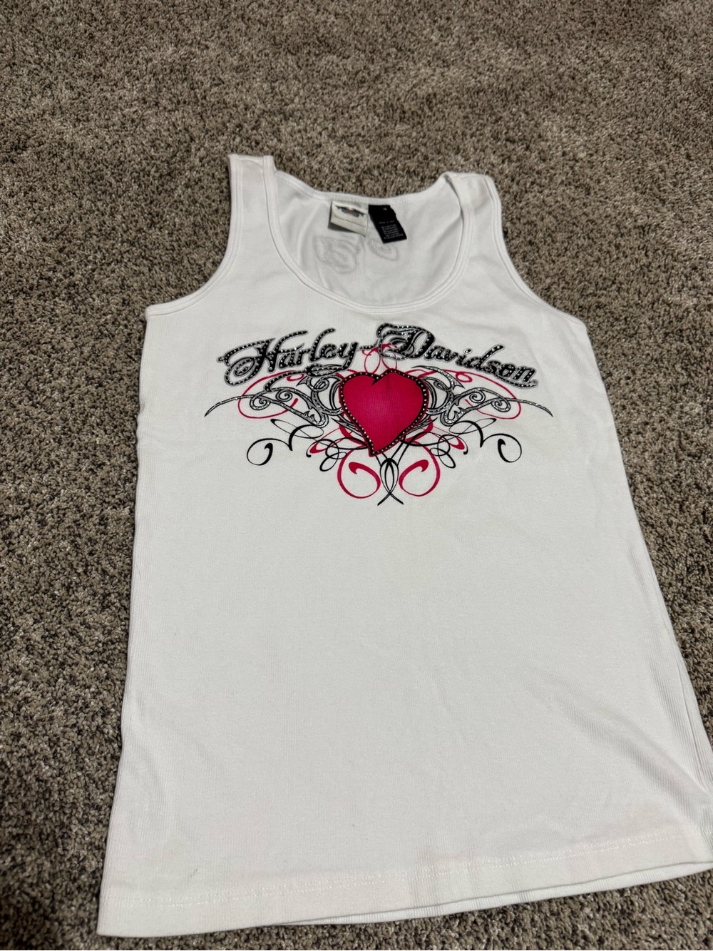 Harley-Davidson White Tank with Hot Pink Heart and Black Scrollwork